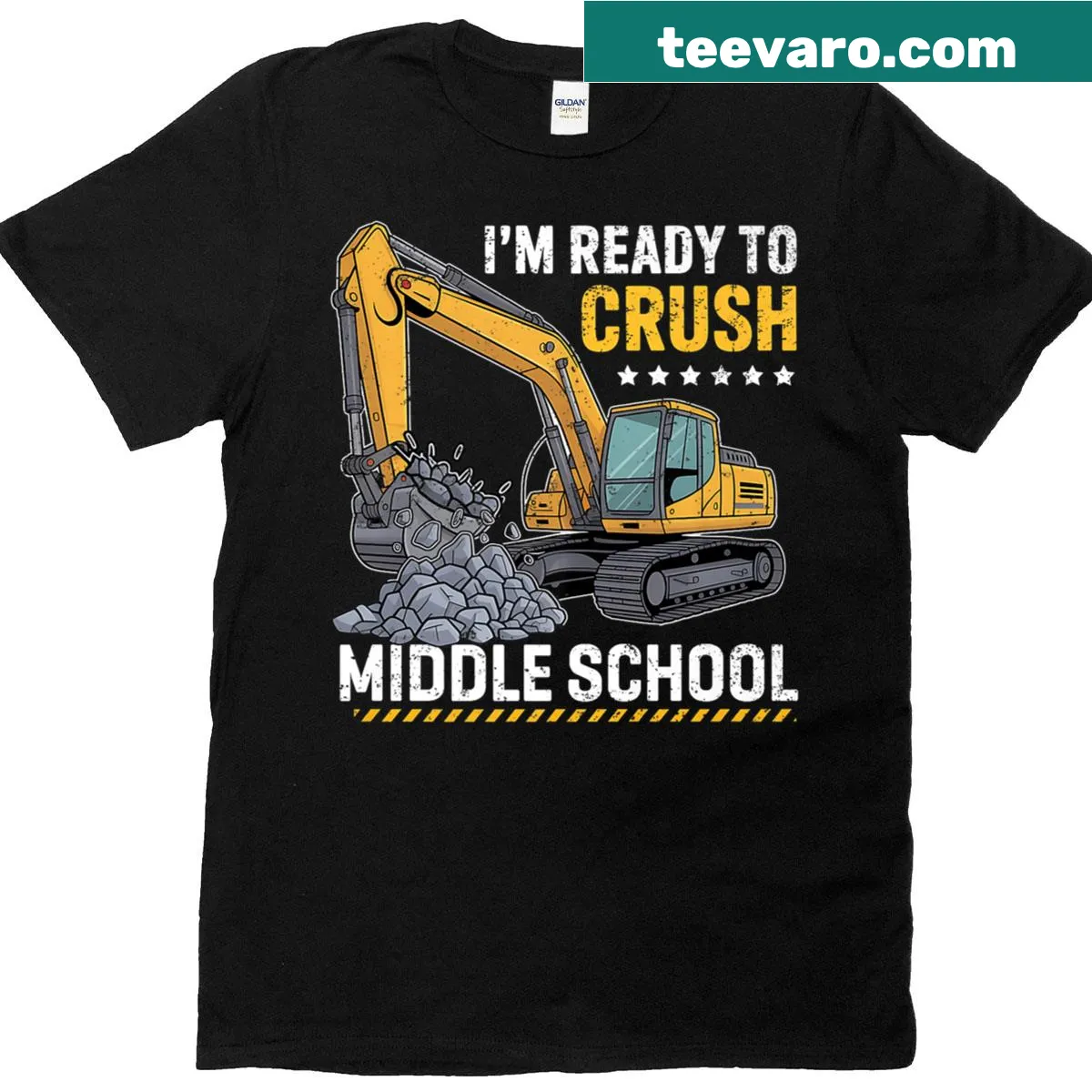 Back-to-school T-shirt with an excavator illustration — on a men's t-shirt
