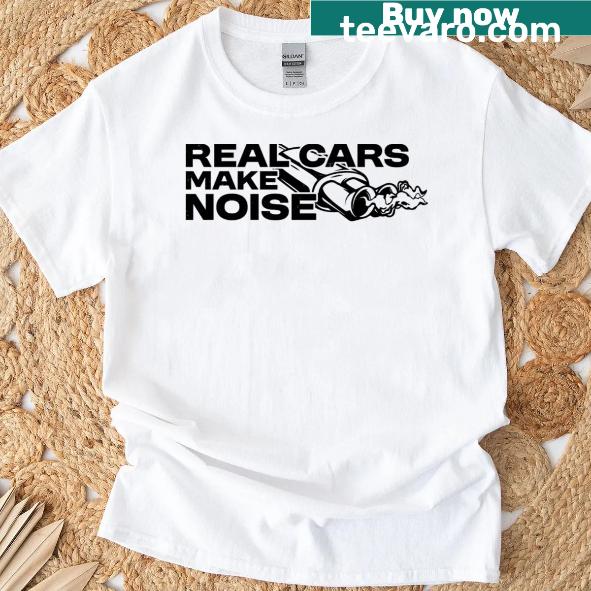 Artistic t-shirt featuring a bold design about cars making noise — on a men's t-shirt