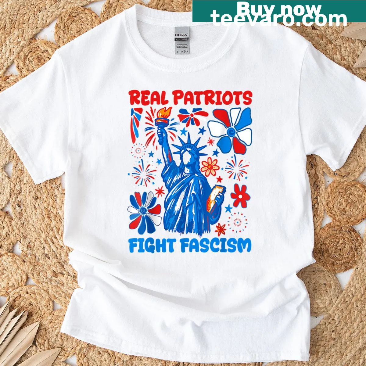 Patriotic T-shirt with the Statue of Liberty and protest message — on a men's t-shirt
