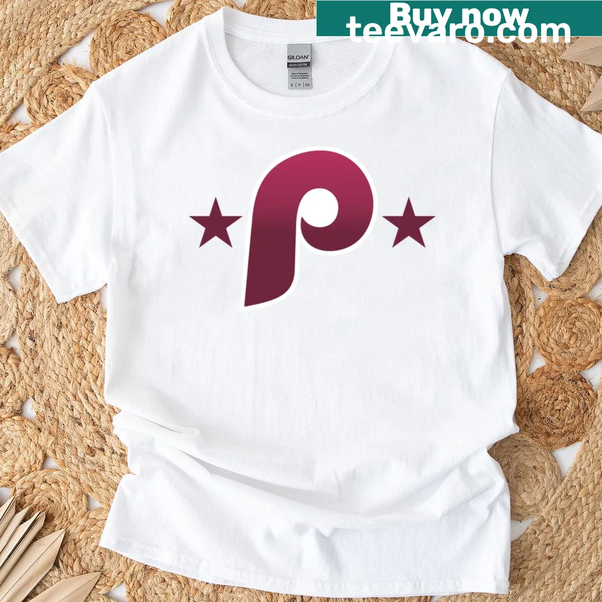 Powder blue Phillies t-shirt with retro Red October text — on a men's t-shirt