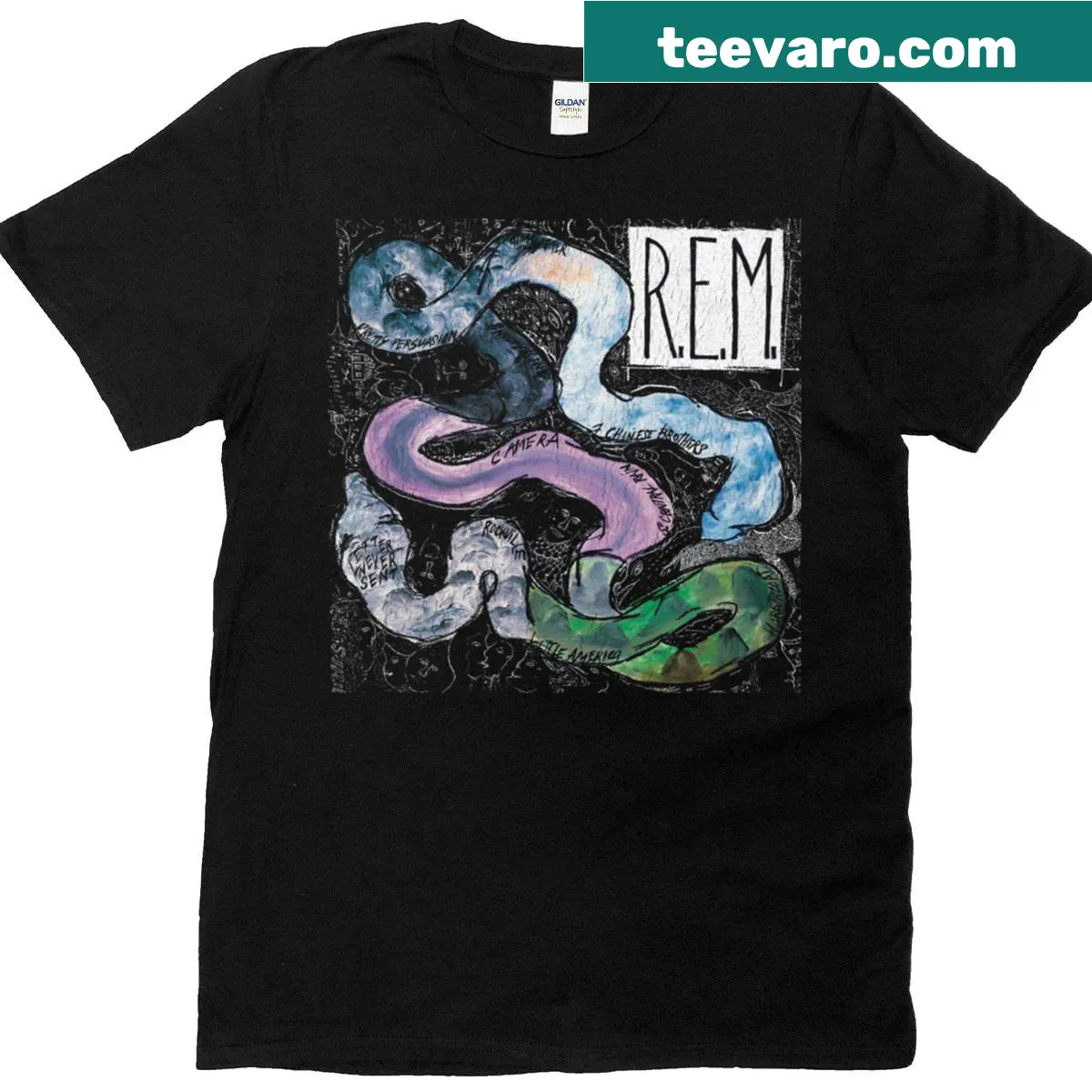 Distressed t-shirt honoring 80s music with retro graphic — on a men's t-shirt