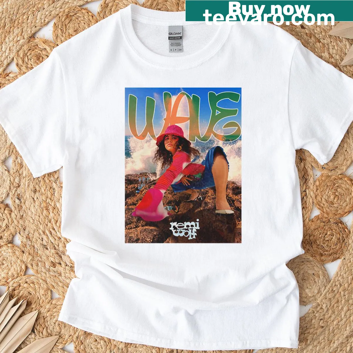 T-shirt featuring an abstract wave design inspired by Remi Wolf — on a men's t-shirt