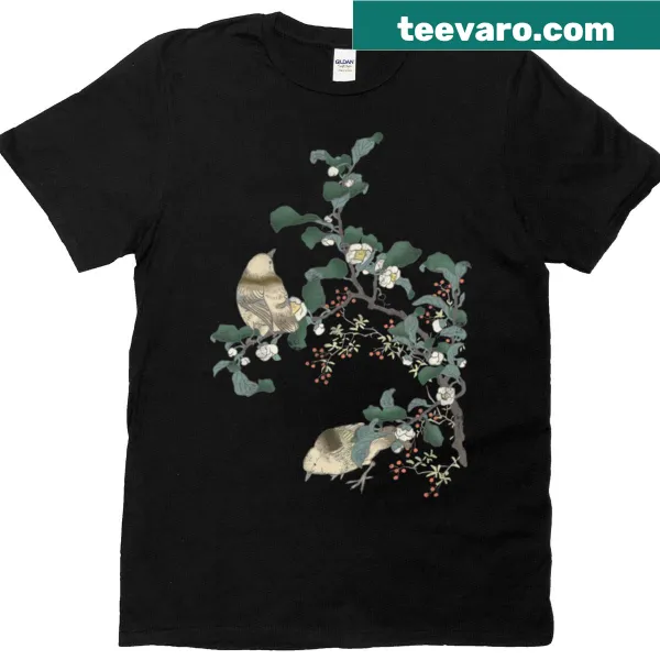 Illustrative T-shirt featuring blooming starlings and nature theme
