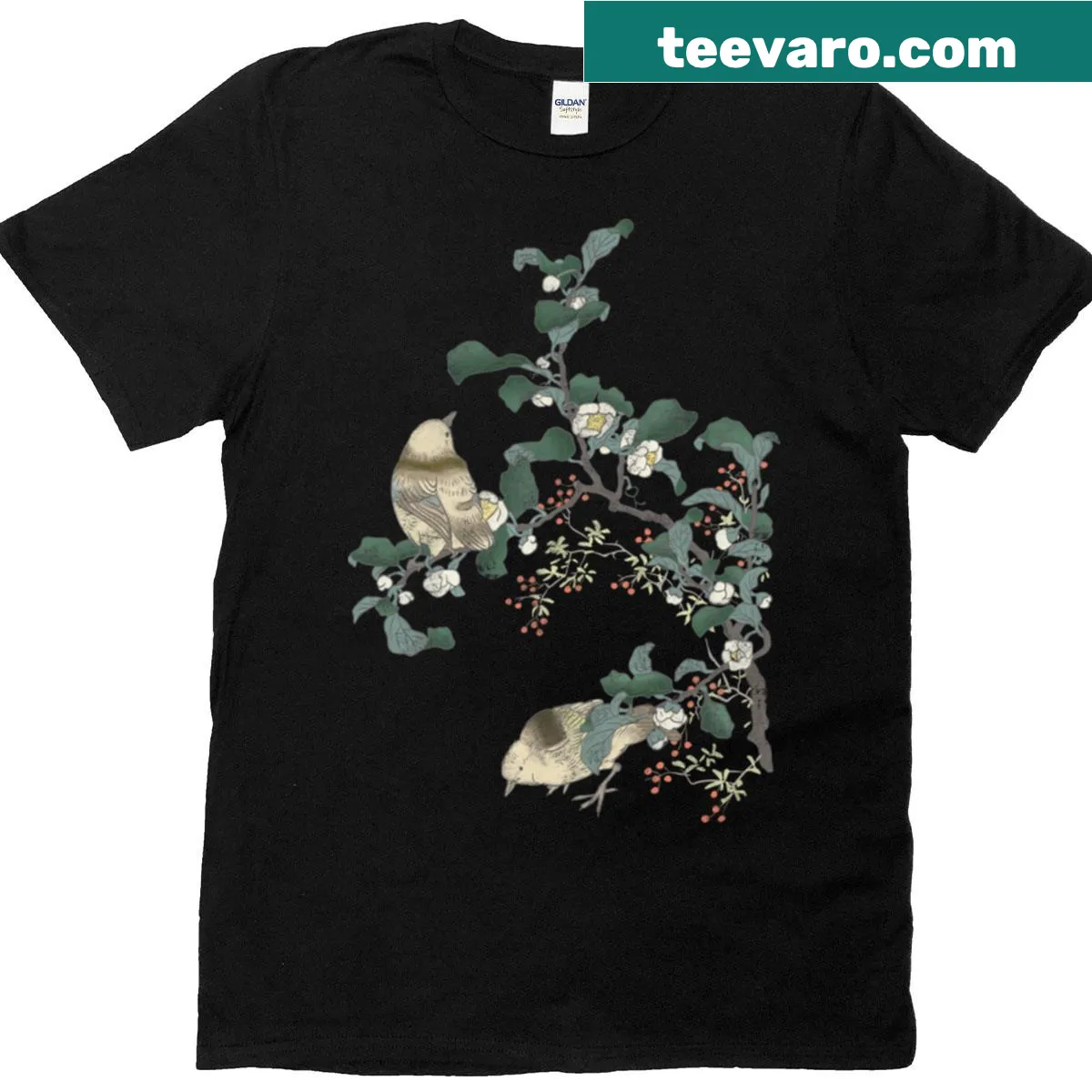 Illustrative T-shirt featuring blooming starlings and nature theme — on a men's t-shirt