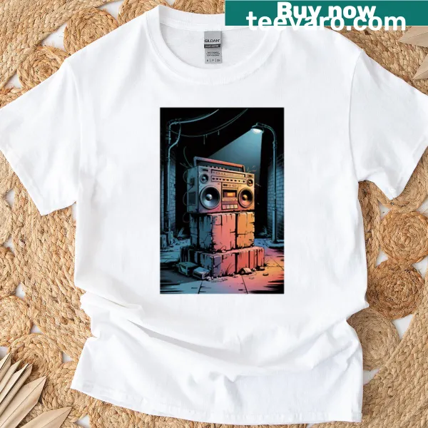 Oversized t-shirt featuring a retro boombox graphic