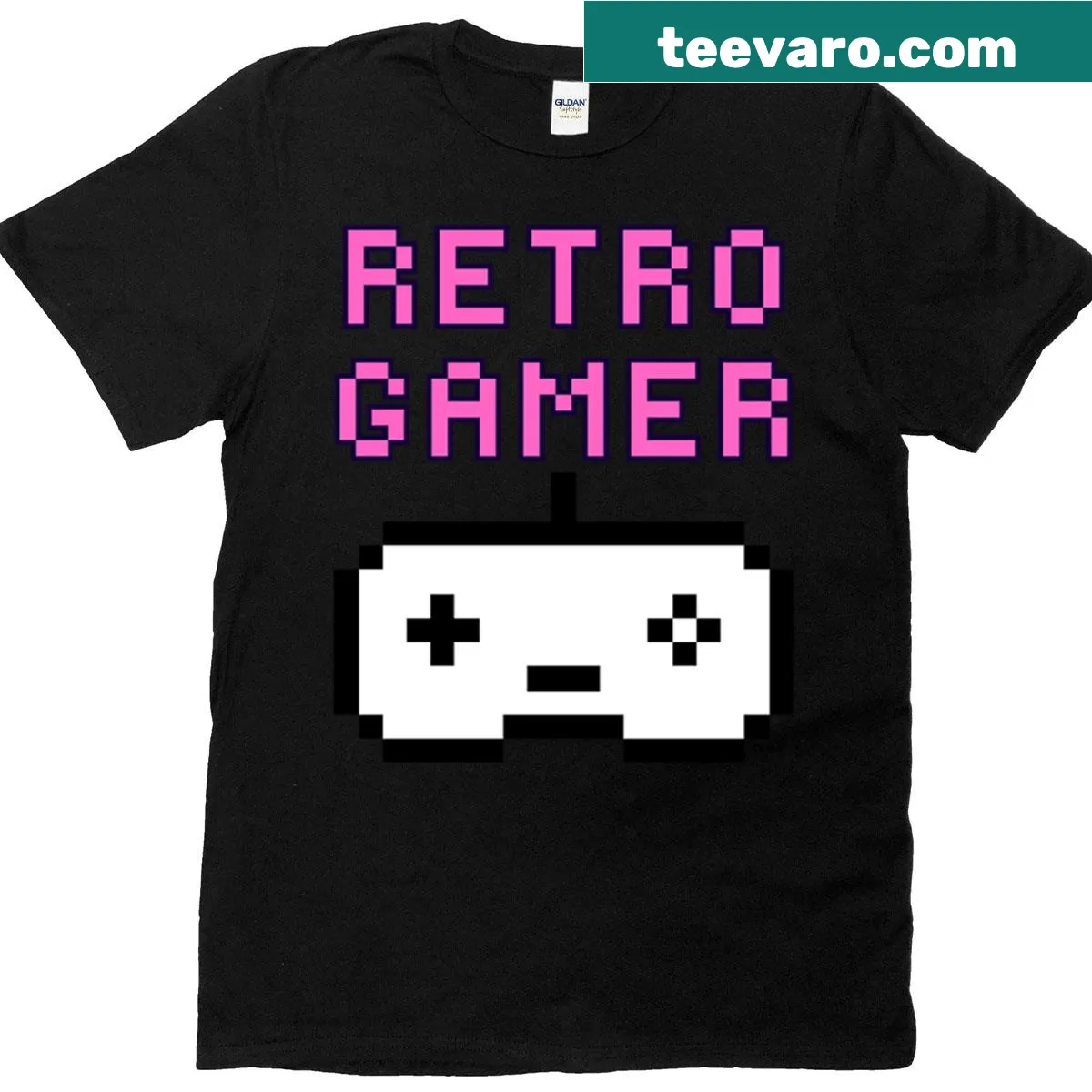 T-shirt featuring a retro pixel art design of a video game controller. — on a men's t-shirt