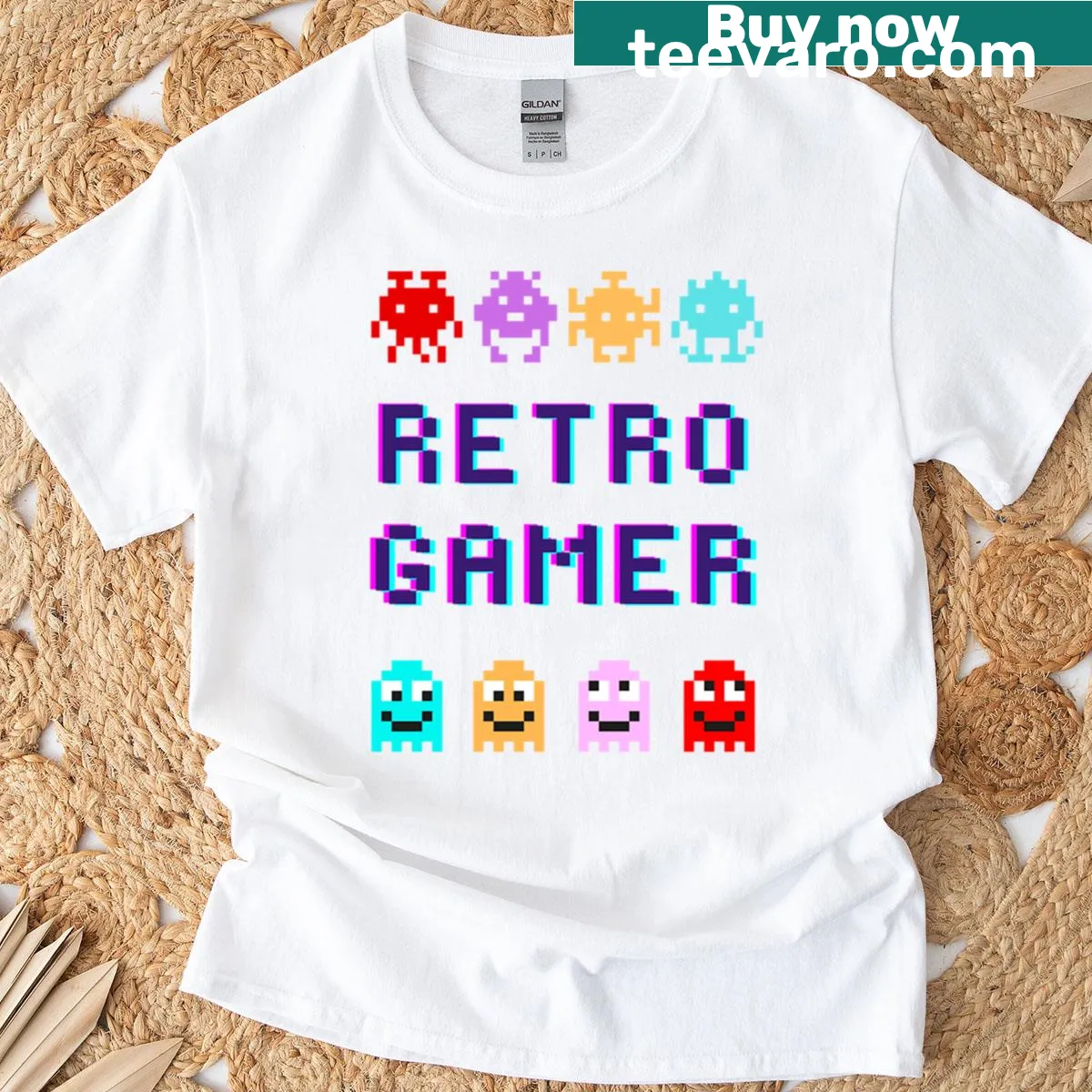 Retro T-shirt with 8-bit pixel art design for gamers — on a men's t-shirt
