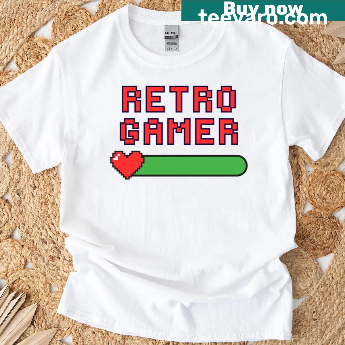 Retro gamer t-shirt featuring pixel art life bar design — on a men's t-shirt