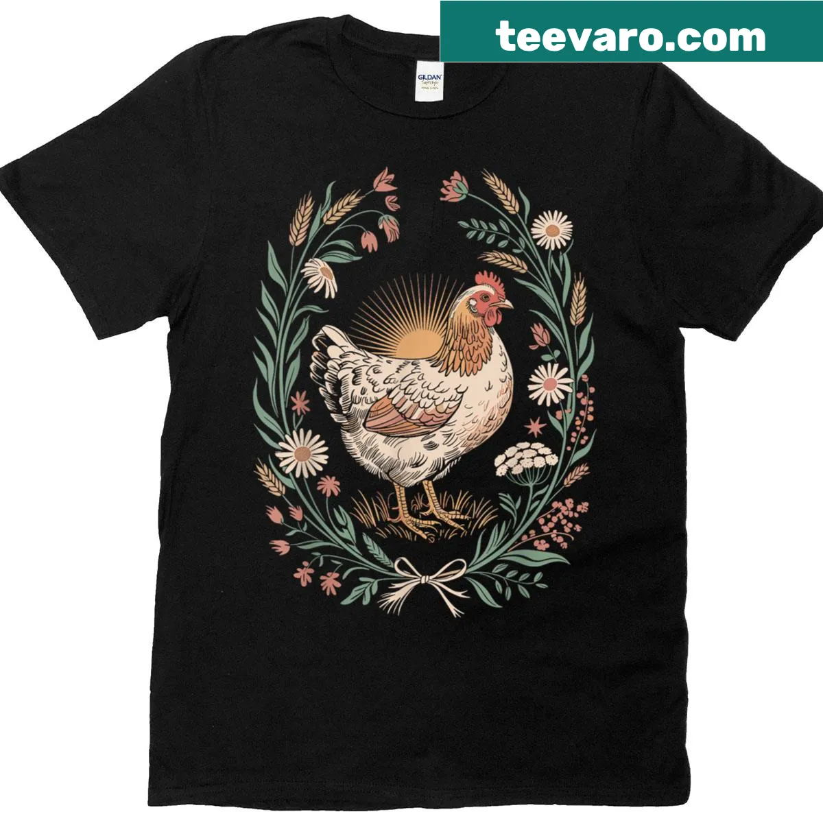 Illustrated hen within floral frame on t-shirt — on a men's t-shirt