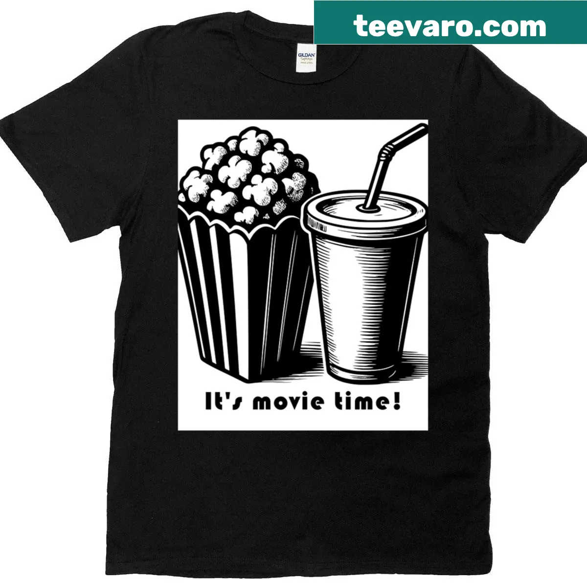 Retro popcorn and soda graphic movie t-shirt — on a men's t-shirt