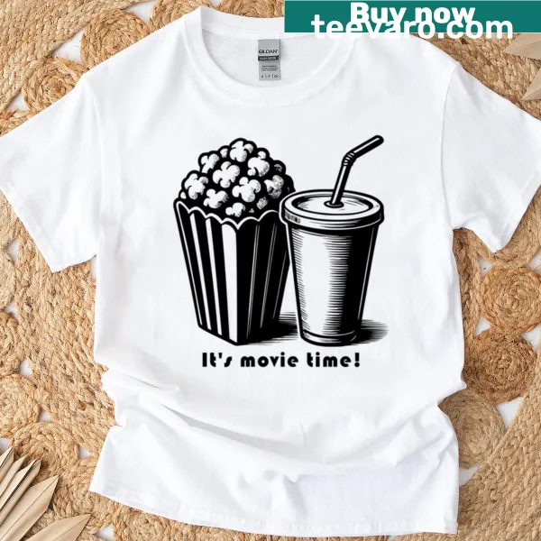 Playful popcorn and soda graphic T-shirt, perfect for movie lovers