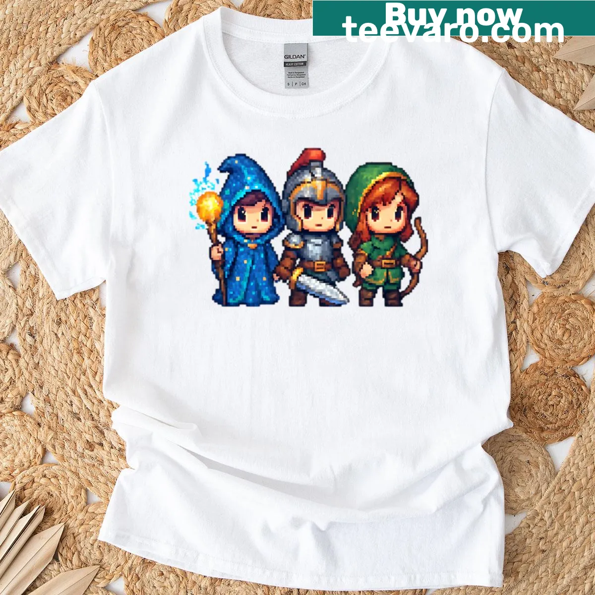 Pixel art T-shirt featuring chibi characters in a retro style — on a men's t-shirt