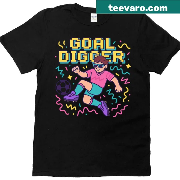 Cartoon-style t-shirt featuring a playful 'goal digger' soccer design.