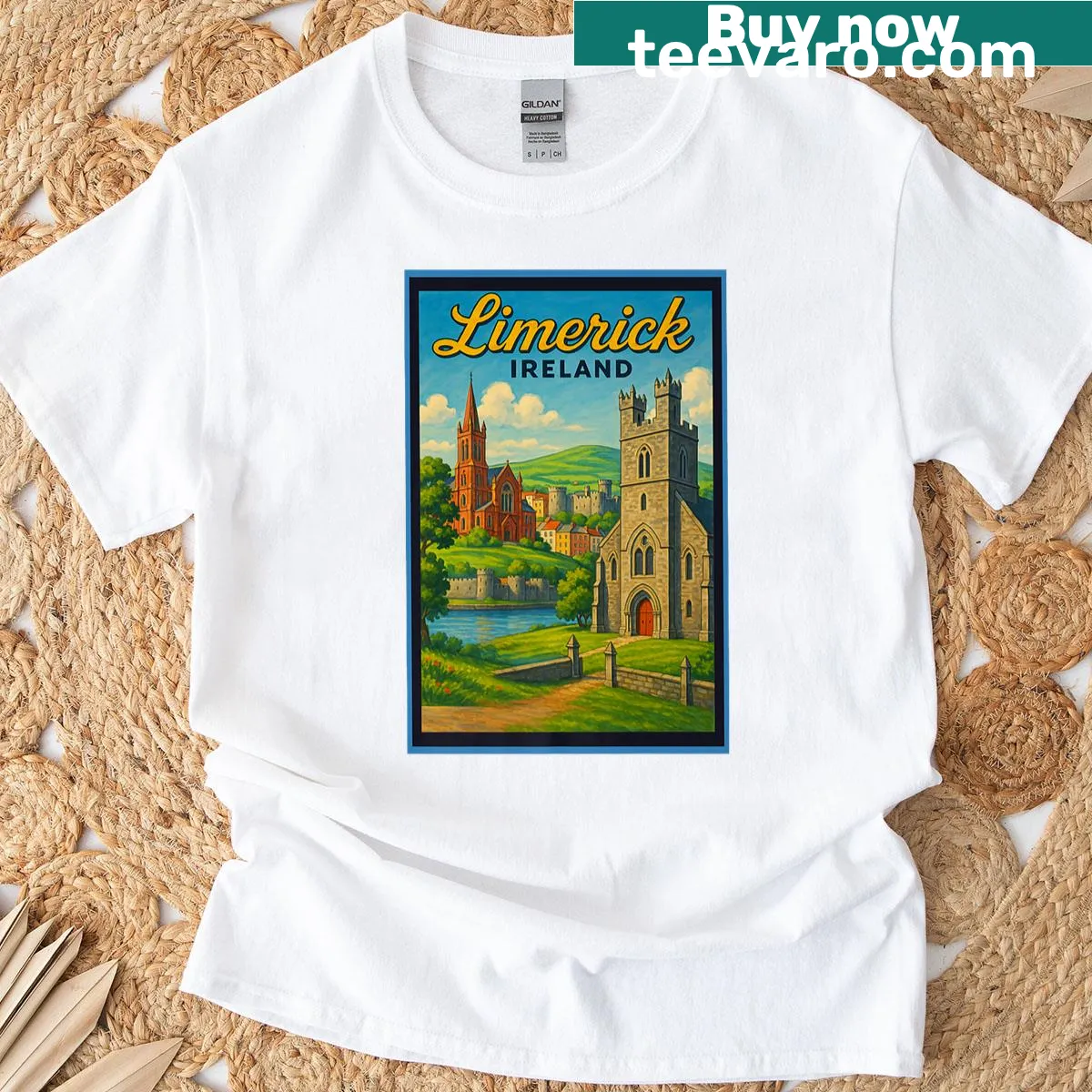 Vintage Limerick City Ireland graphic T-shirt with poster art — on a men's t-shirt