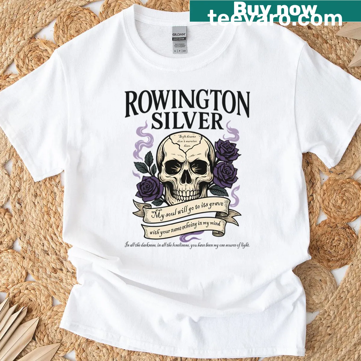 Illustrative T-shirt featuring dark romance and fantasy elements — on a men's t-shirt
