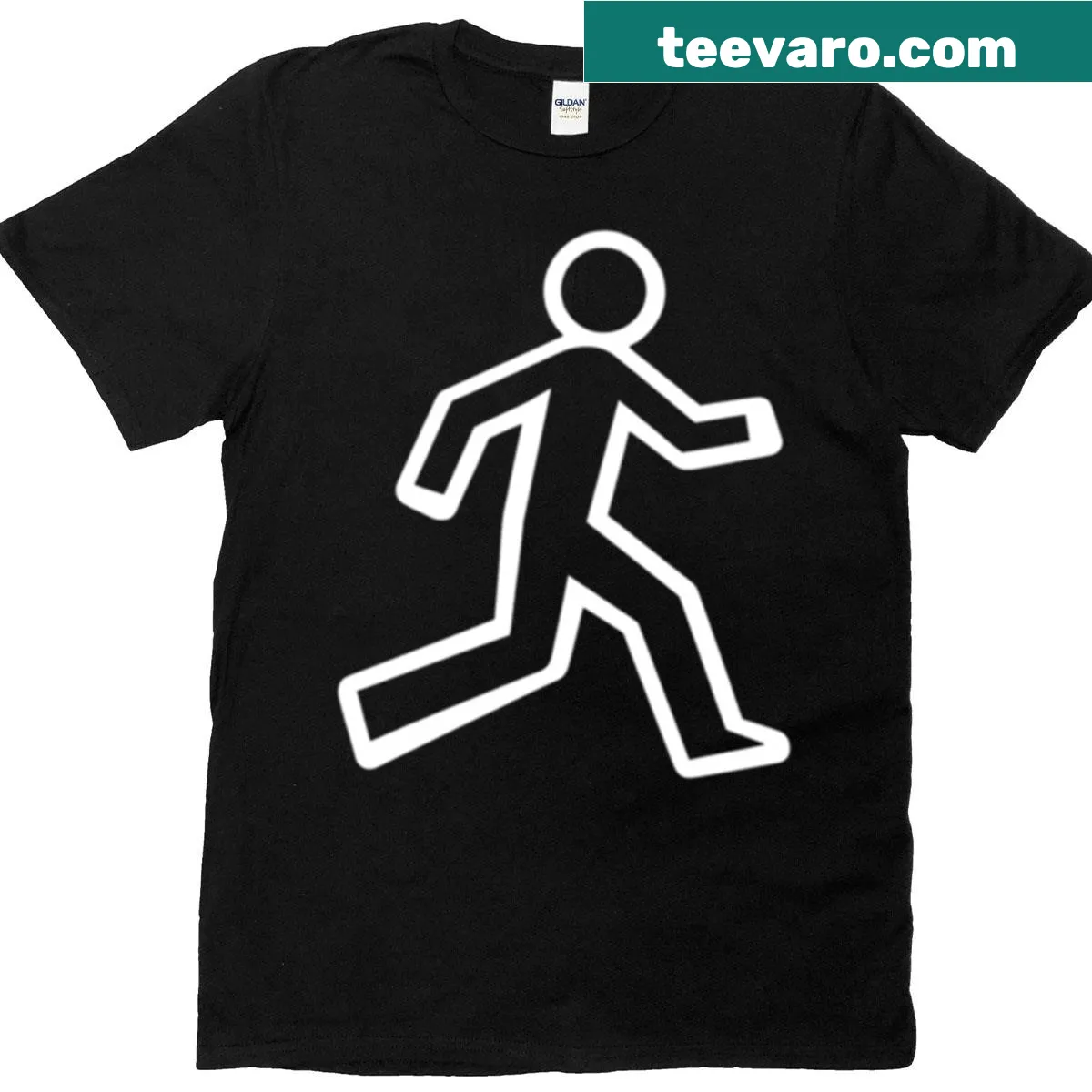 T-shirt featuring a street sign design with a running man — on a men's t-shirt