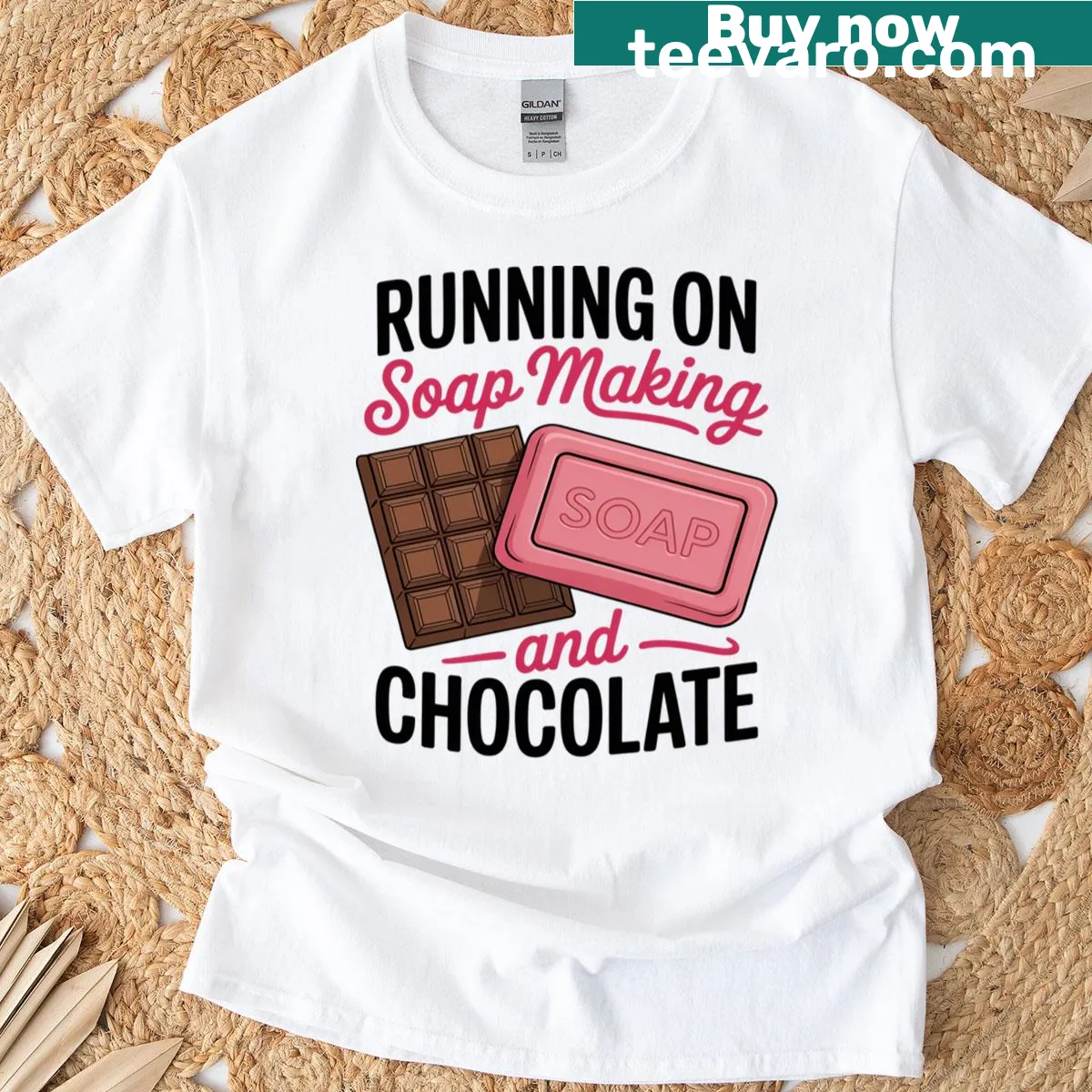 Charming soap making and chocolate graphic on a t-shirt — on a men's t-shirt