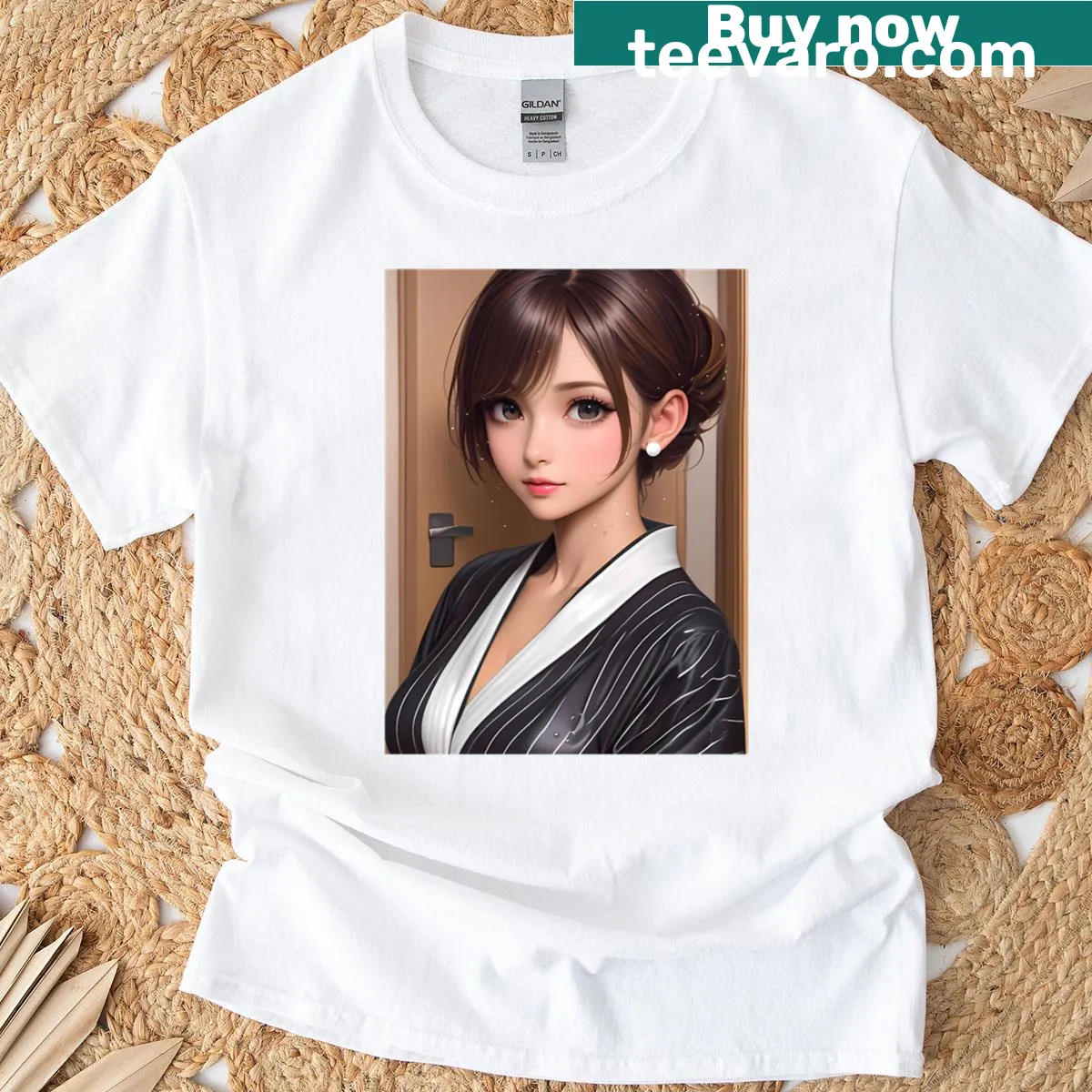 Illustrated T-shirt featuring Sae Niijima from Persona 5 in a black suit. — on a men's t-shirt