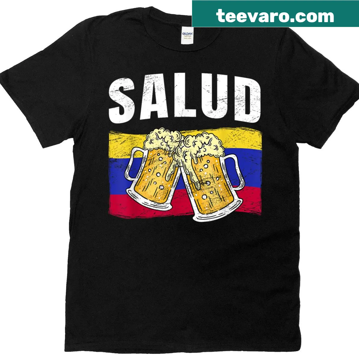 Illustration of clinking beer mugs with Salud Cheers text on t-shirt. — on a men's t-shirt