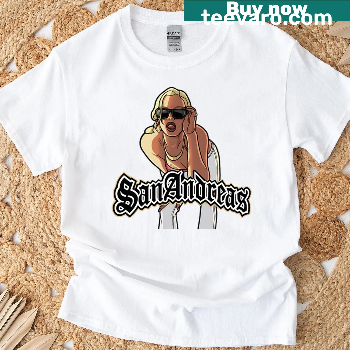 Illustrated San Andreas T-shirt with geological theme — on a men's t-shirt