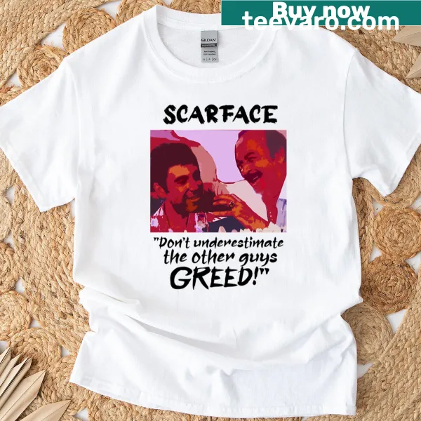 Distressed Scarface Greed T-shirt with an iconic graphic.