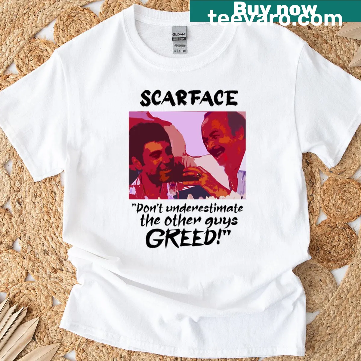 Distressed Scarface Greed T-shirt with an iconic graphic. — on a men's t-shirt
