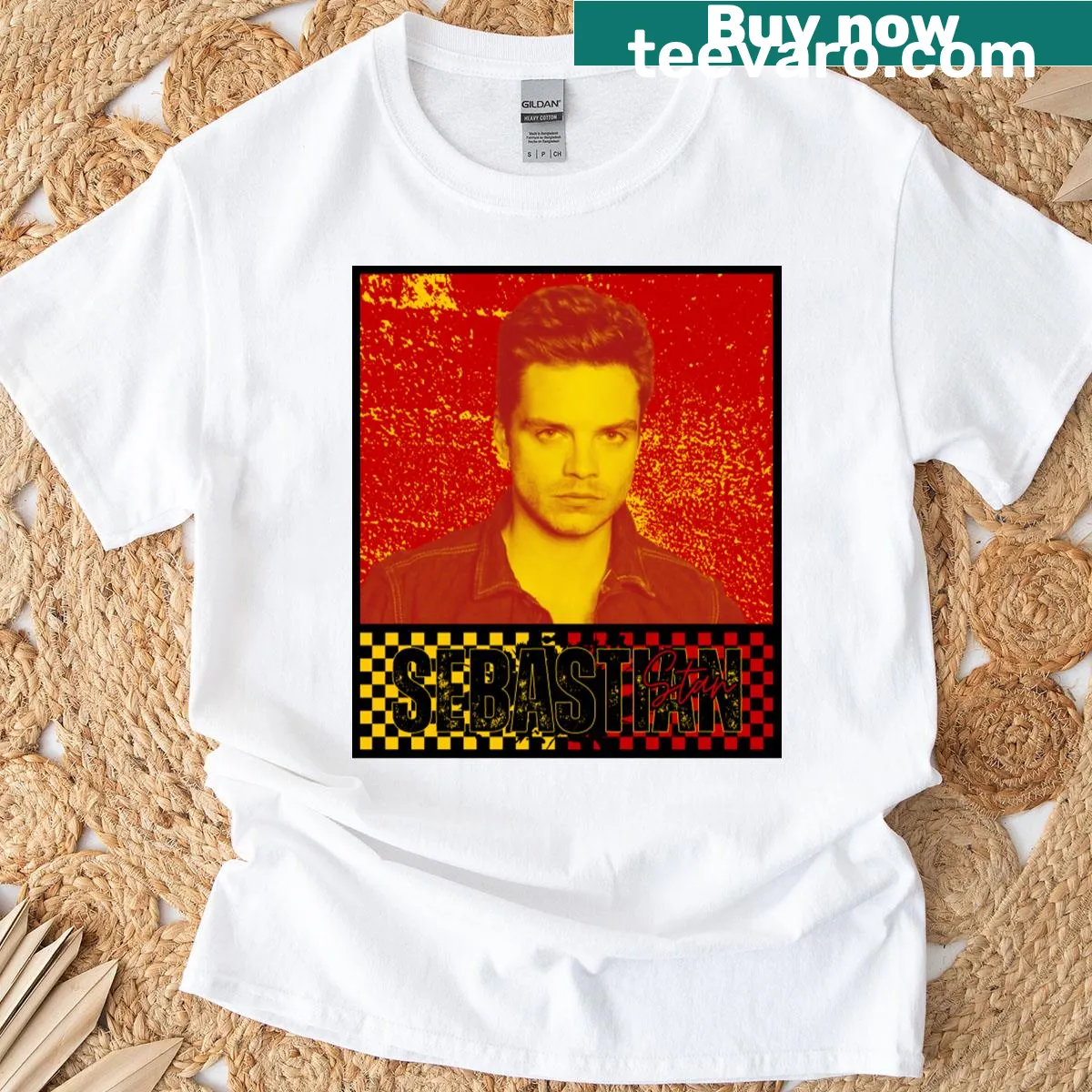 T-shirt featuring a graphic illustration of actor Sebastian Stan. — on a men's t-shirt