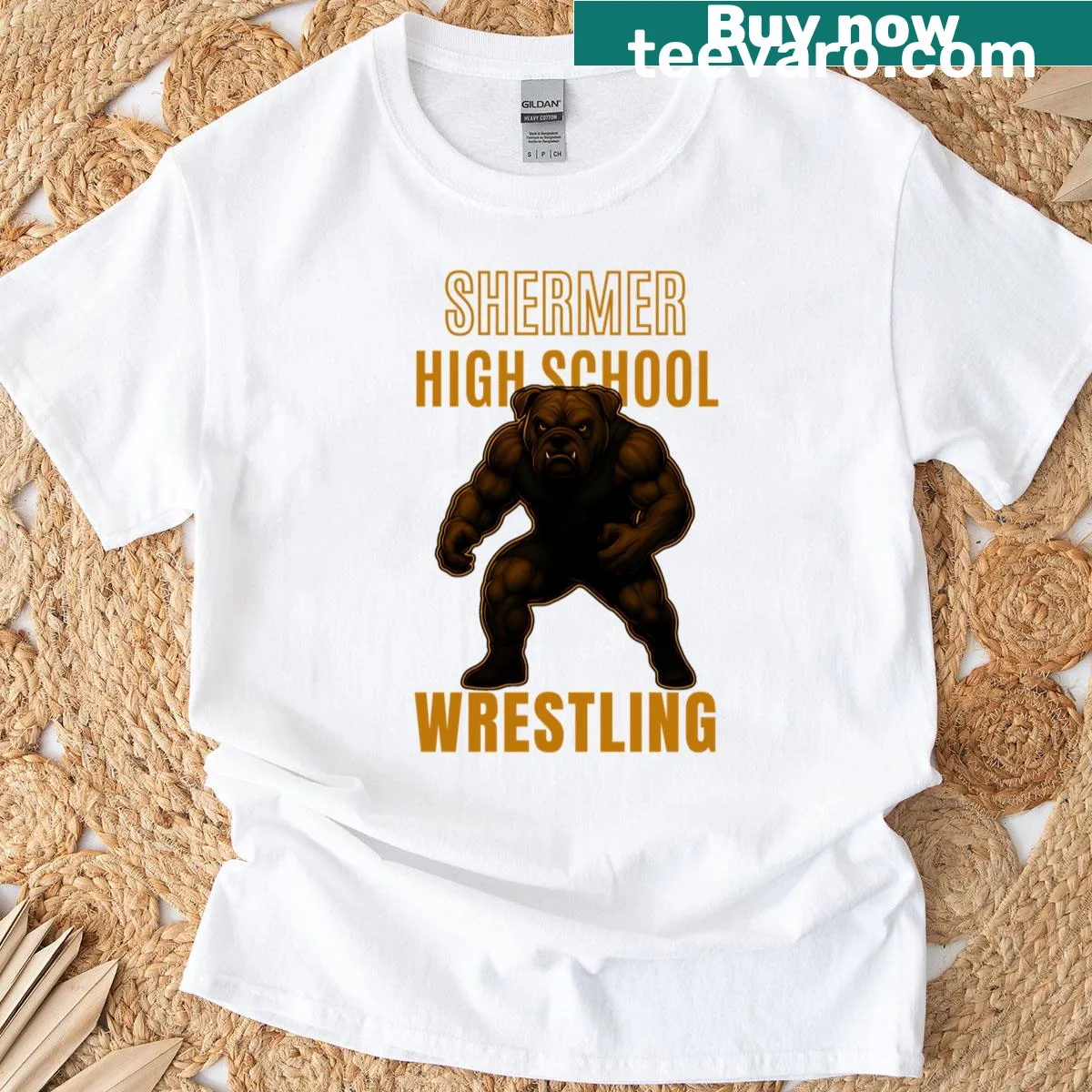 Oversized Shermer High School Wrestling t-shirt with vintage graphics — on a men's t-shirt