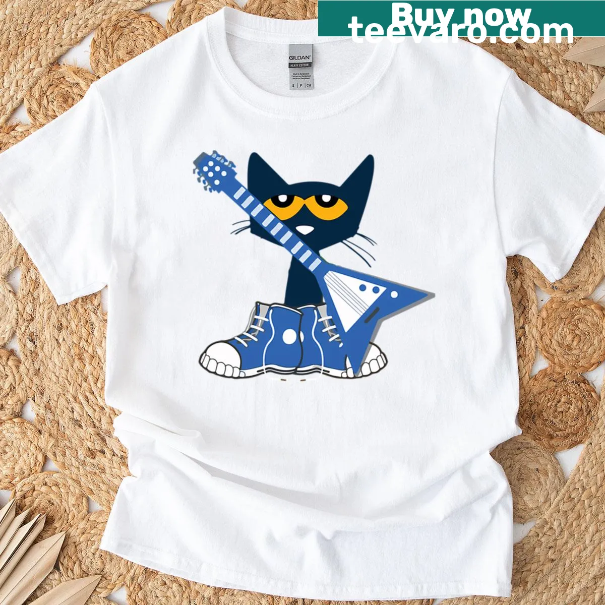 Vintage logo t-shirt with shoes, movies, and cartoon cat designs — on a men's t-shirt