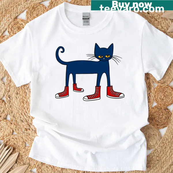 Vintage cartoon cat logo T-shirt with books and movie elements.