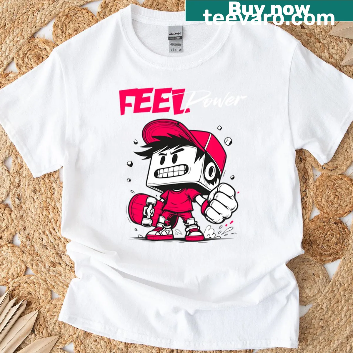 Urban style T-shirt featuring a skateboarder in action and street art elements — on a men's t-shirt