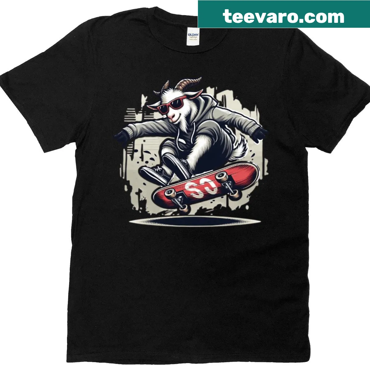 Playful graphic of a goat skateboarding mid-air with horns — on a men's t-shirt