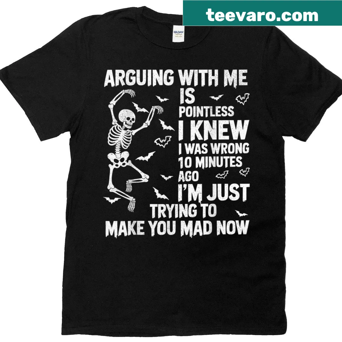Skeleton graphic with text about arguing being pointless — on a men's t-shirt
