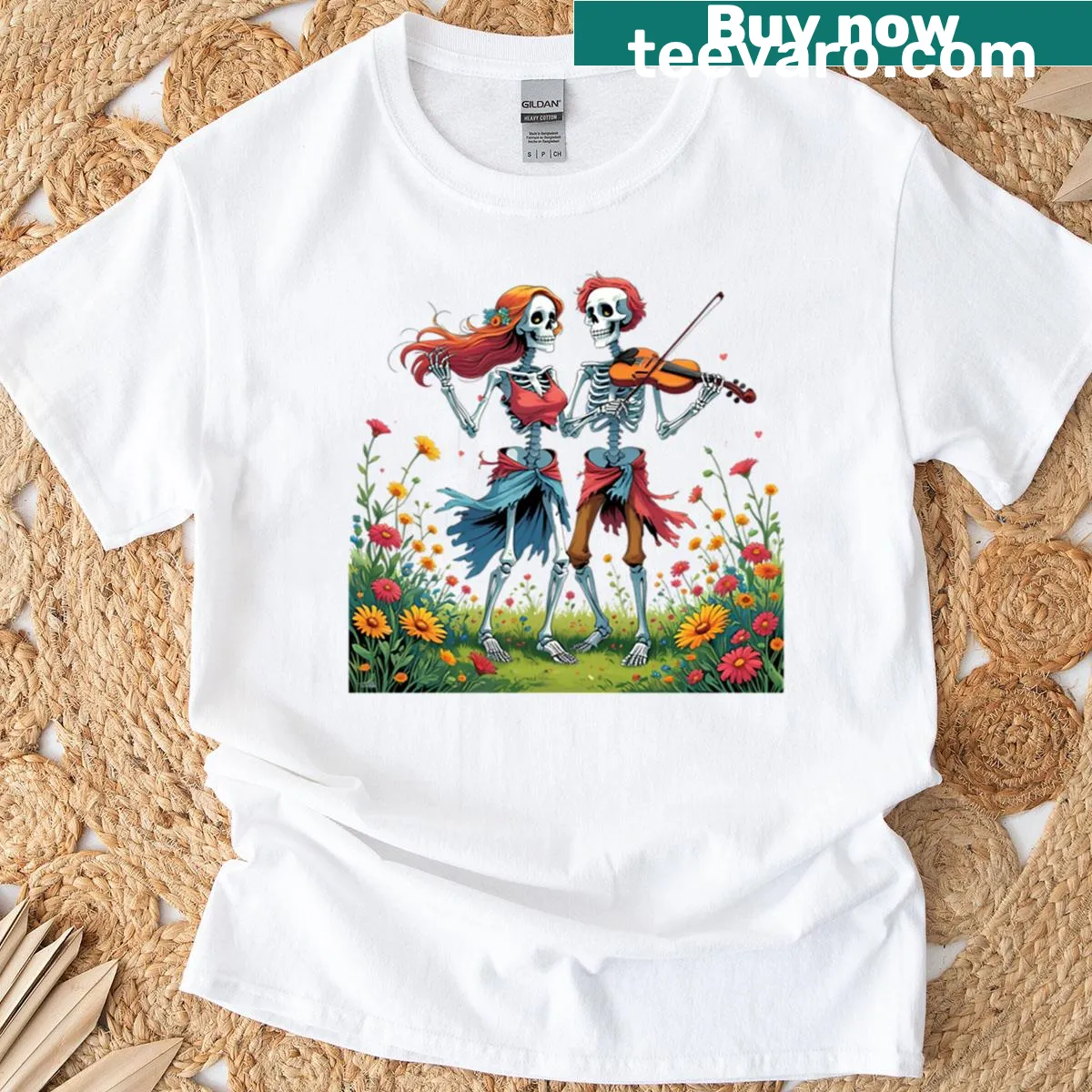 Whimsical illustration of a skeleton couple playing guitar and violin in flowers — on a men's t-shirt