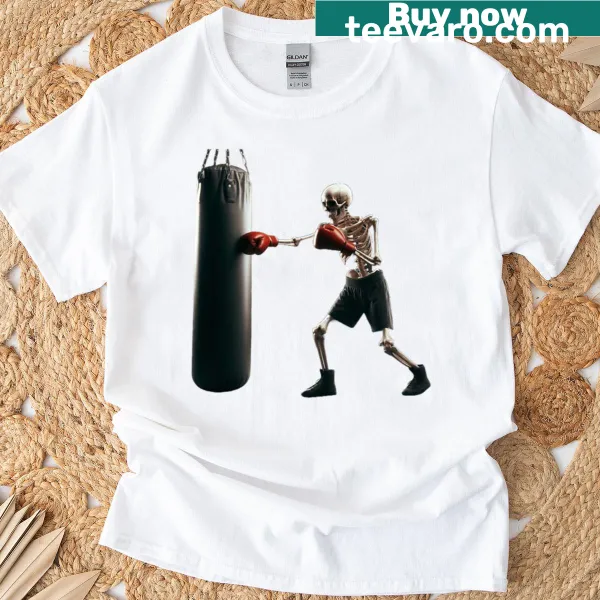 Skeleton lifting weights in a humorous fitness-themed T-shirt