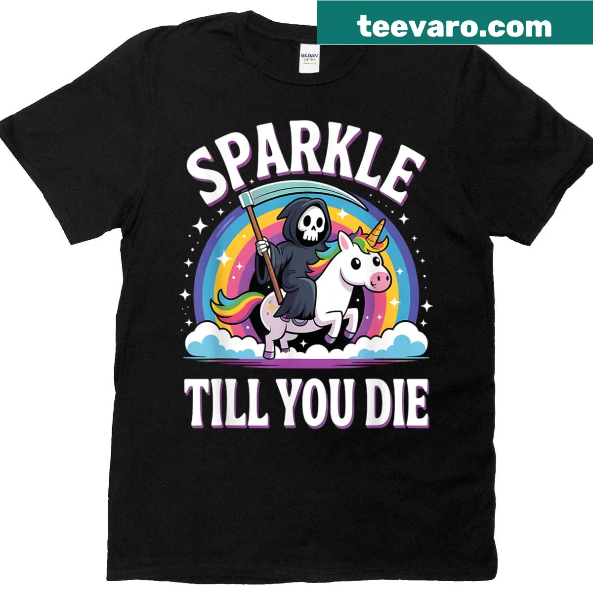 Cute cartoon T-shirt featuring a grim reaper and unicorn design — on a men's t-shirt