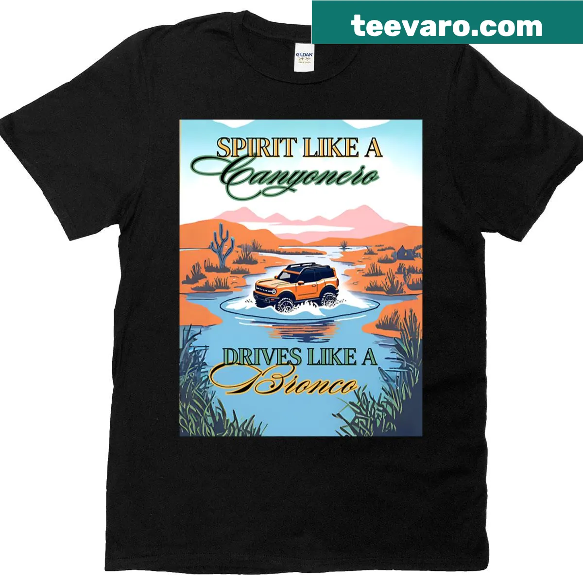 Adventure-themed t-shirt with a bold canyon vehicle design. — on a men's t-shirt