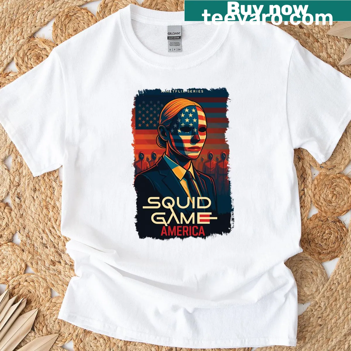 Humorous graphic T-shirt about Squid Game reactions — on a men's t-shirt