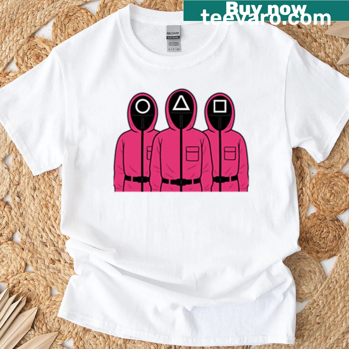 Boxy T-shirt featuring a design of Squid Game masked guards — on a men's t-shirt