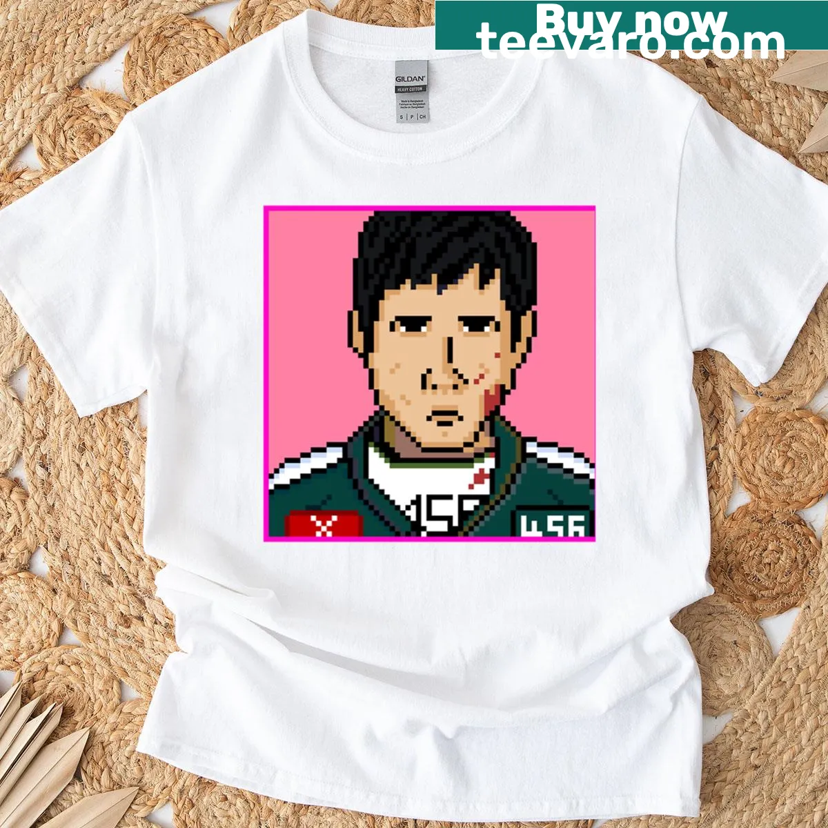 Pixel art of Squid Game Player 456 on a T-shirt — on a men's t-shirt
