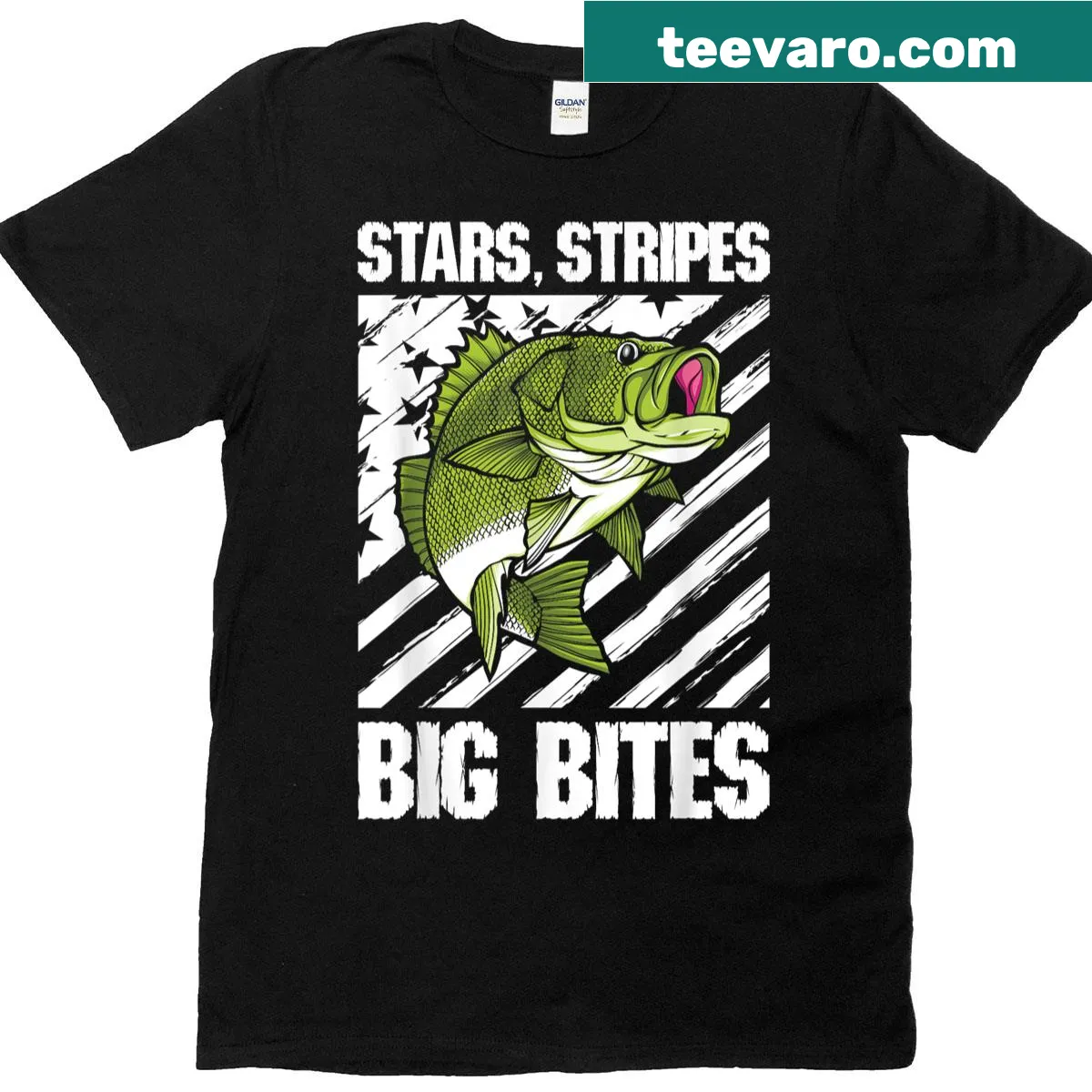 Whimsical fishing-themed graphic with stars and stripes for 4th of July. — on a men's t-shirt