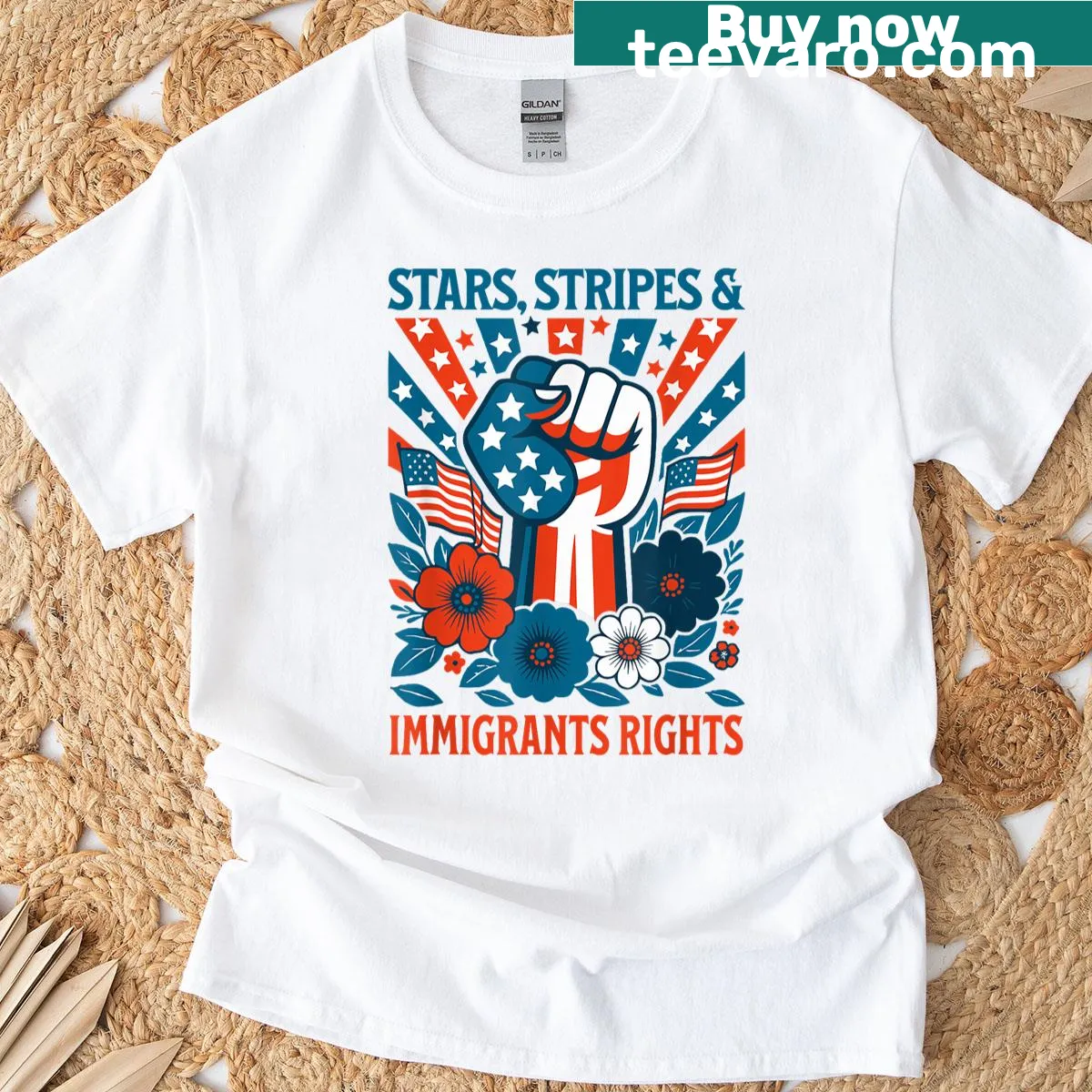 T-shirt featuring stars and stripes with immigrant rights message — on a men's t-shirt