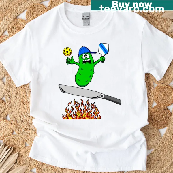 Humorous T-shirt with cartoon illustration about pickleball kitchen