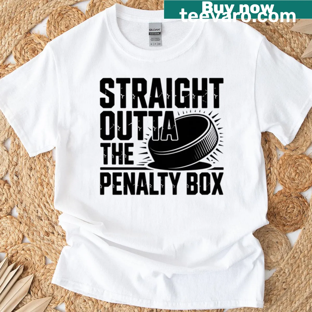 Funny hockey t-shirt with 'Straight Outta The Penalty Box' text — on a men's t-shirt