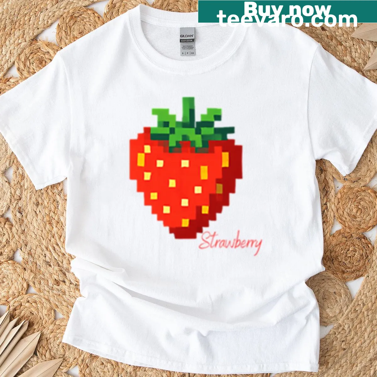 8-bit pixel artwork of strawberries on a t-shirt — on a men's t-shirt