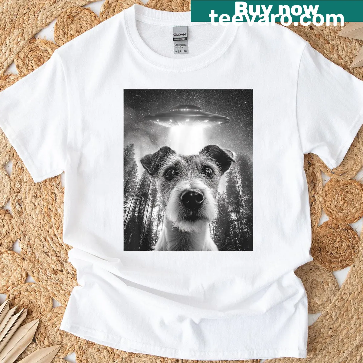 Cartoon Jack Russell Terrier looking surprised at a UFO above. — on a men's t-shirt
