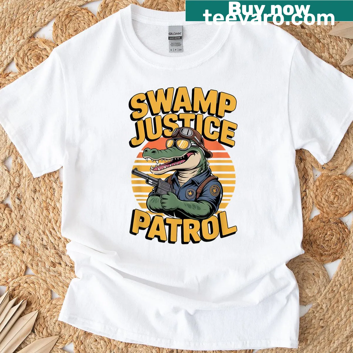 Playful alligator graphic on a Swamp Patrol T-shirt — on a men's t-shirt