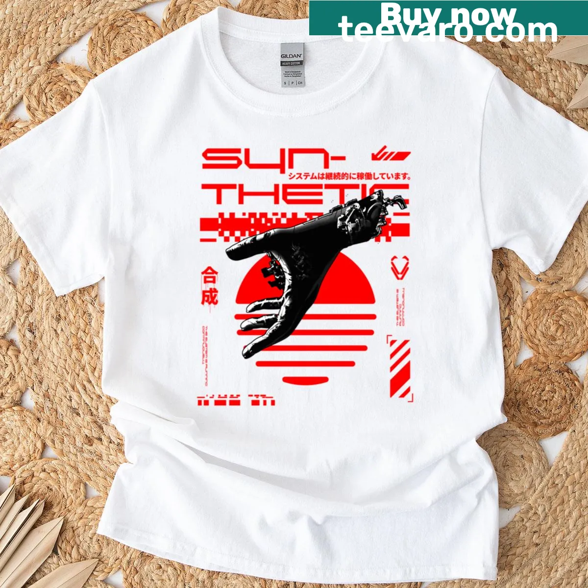 Cyberpunk-themed T-shirt featuring a detailed illustration of a robotic hand — on a men's t-shirt