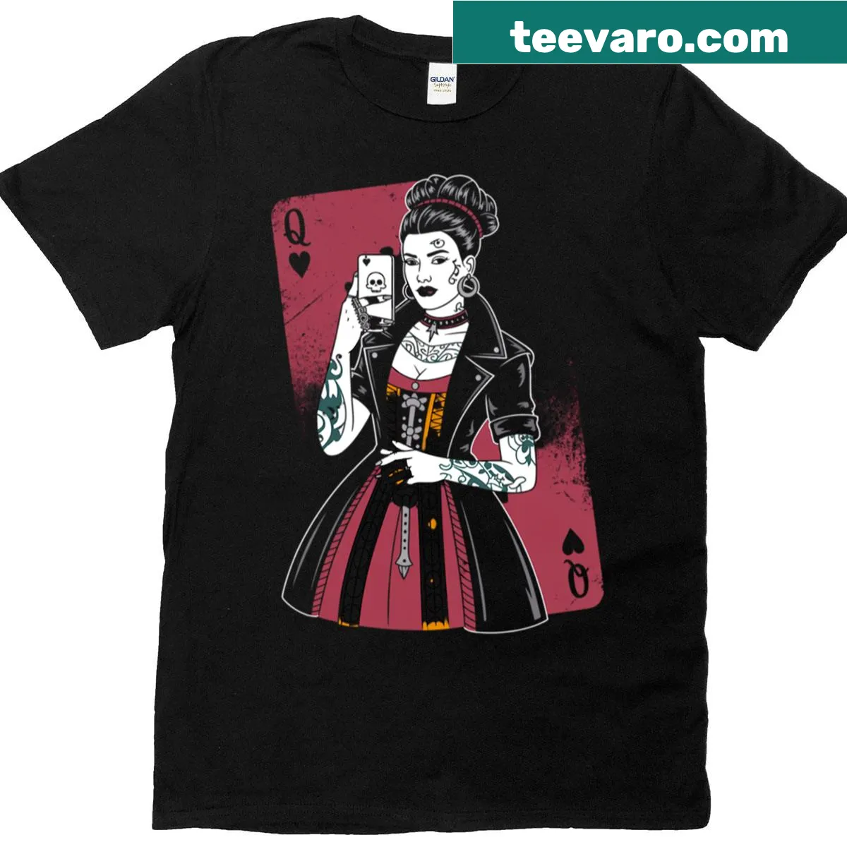 Illustrative t-shirt featuring Tattooed Queen of Hearts design — on a men's t-shirt