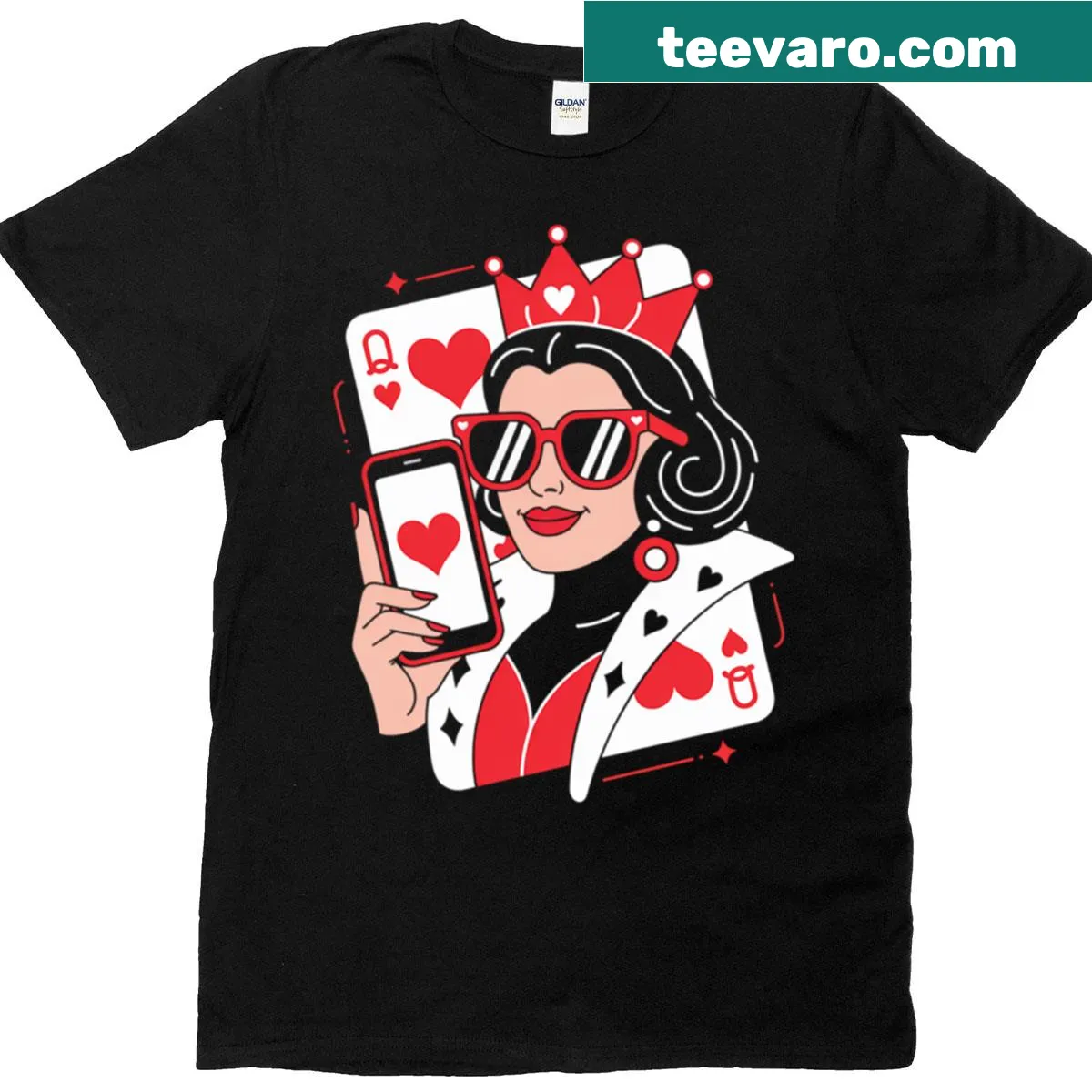 Illustrated T-shirt of a tech-savvy Queen of Hearts character. — on a men's t-shirt